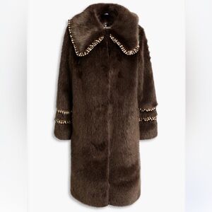 Shrimps Dark Brown Faux Fur Ruffle Trim Brandy Coat Jacket Pockets UK 12 US 8